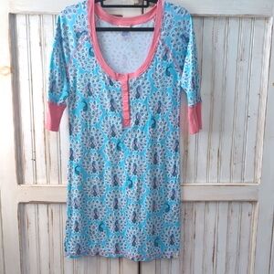 Munki Munki, Blue And Pink Peacock Themed Night Shirt. Large